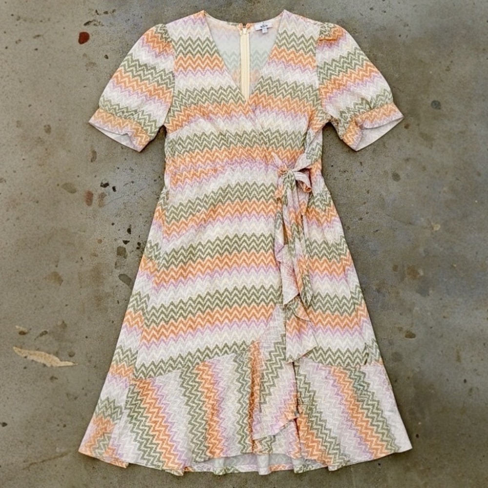 NIZA Zig Zag Striped Puff Sleeve Faux Wrap Midi Dress Wedding Guest size 46, XXL